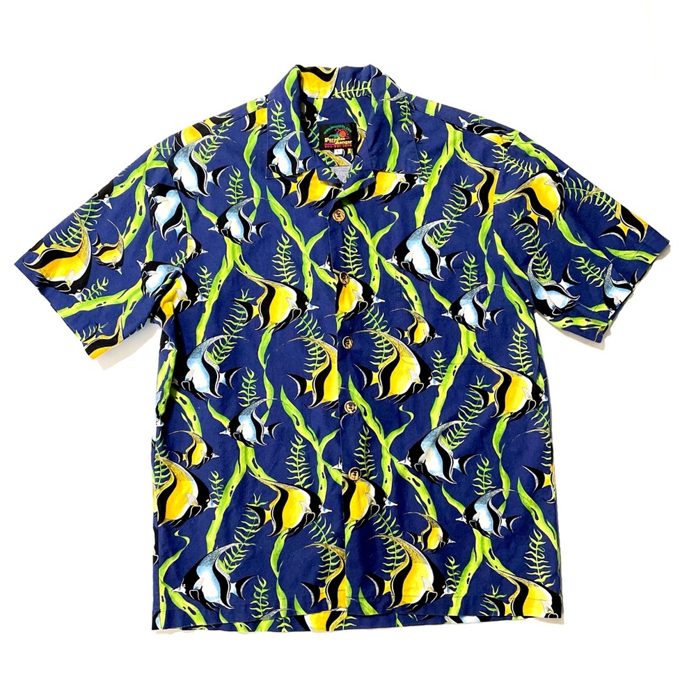 Vintage Paradise on a Hanger Blue Hawaiian Shirt Yellow & Blue Angelfish Large
